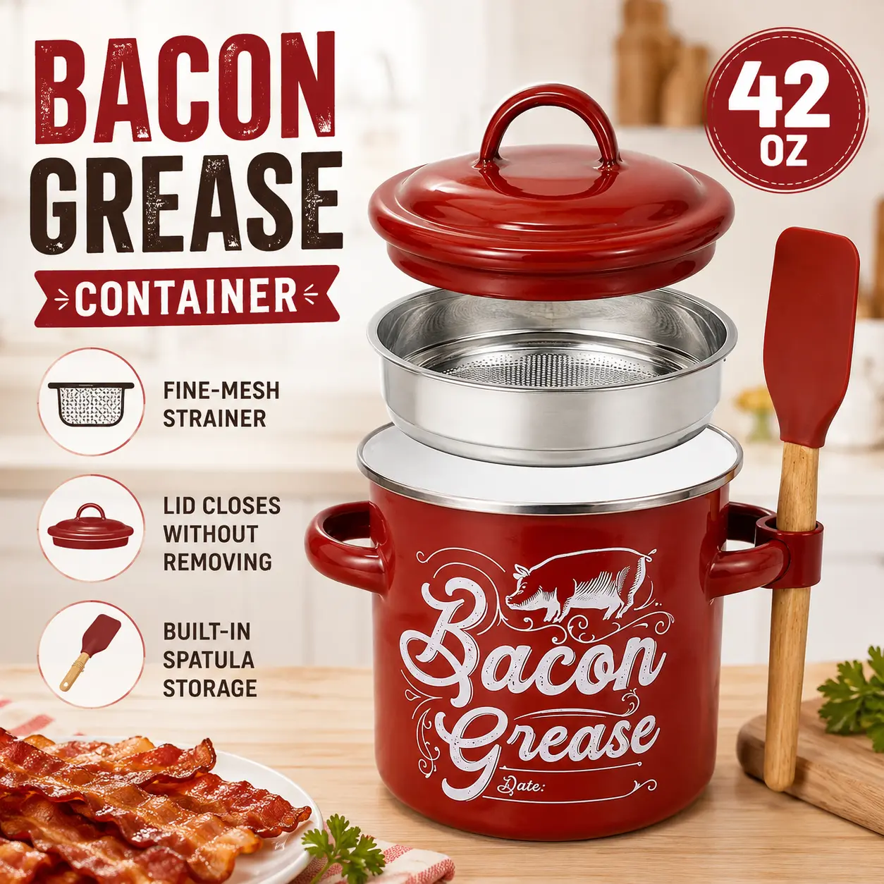 42oz Red Enamel Bacon Grease Container for Kitchen Storage, with 2 Handles, Fine-Mesh Strainer, Lid-On Filtering Design, Built-In Spatula Handle Holder, Countertop Organizer
