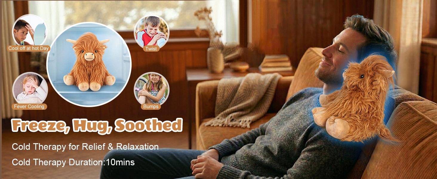 AGS Heatable Coolable Weighted Highland Cow Stuffed Animals Plushie, Microwavable Heating Pad for Period Cramps & Pain, Lavender Scented Cow Plush Toys for Stress, Highland Cow Gifts for Women