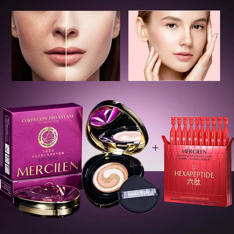 Mercilen Three-Color Cushion Foundation Set, Hydrating Essence Serum, Daily Face Care Kit, Brightening, Anti-Wrinkle, Low Allergy