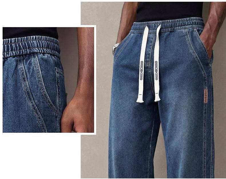 Men’s Stretch Denim Jeans — Vintage Washed Straight-Leg Fit, Drawstring Design for Easy Pulling On and Versatile Casual Wear; Regular-Season Everyday Long Pants