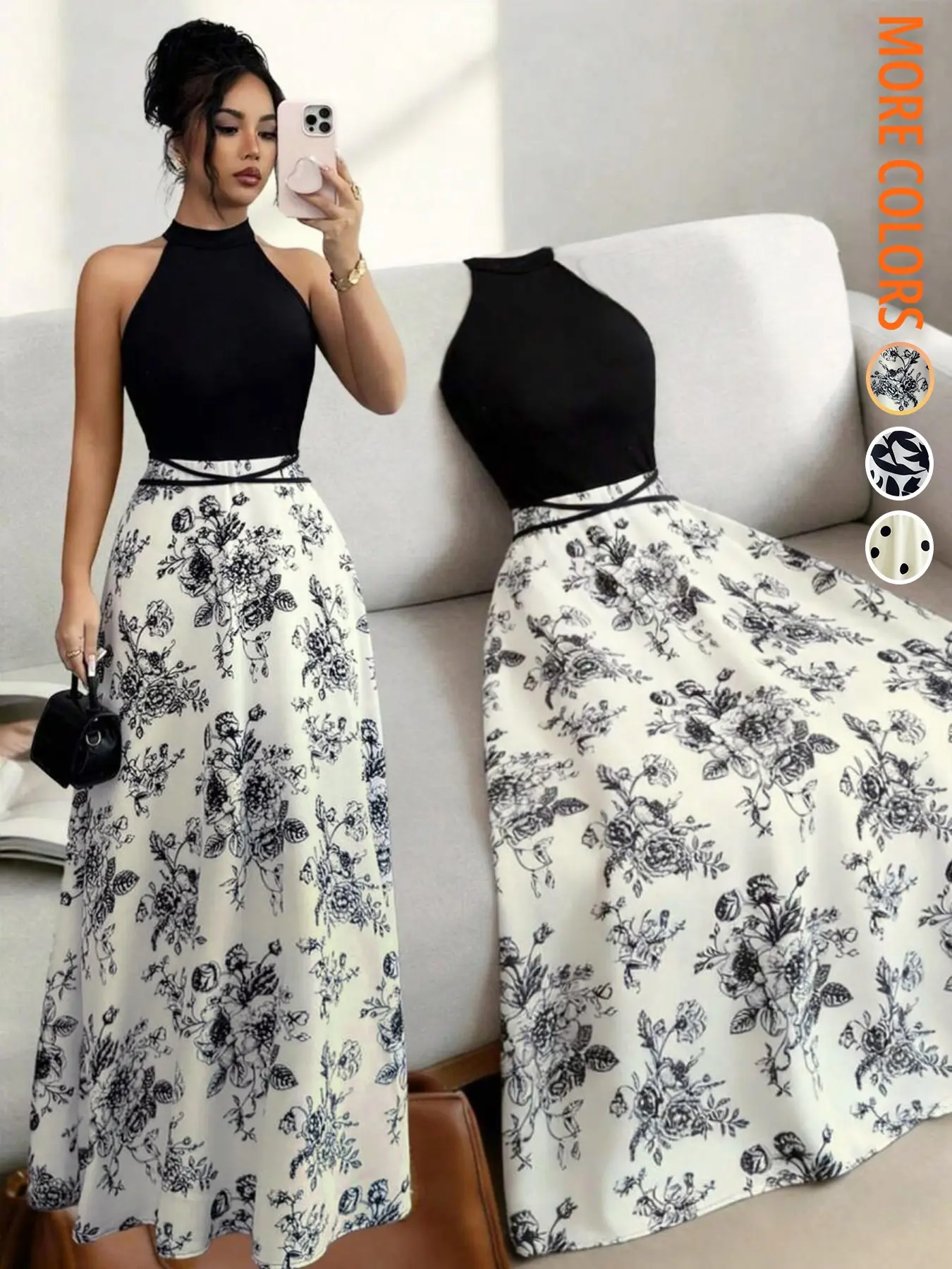 Concert Outfit Dress Women's Casual Elegant Chic Party Tank Top, Floral Print Patchwork Waist Dress, Medium-Length Sleeveless Summer