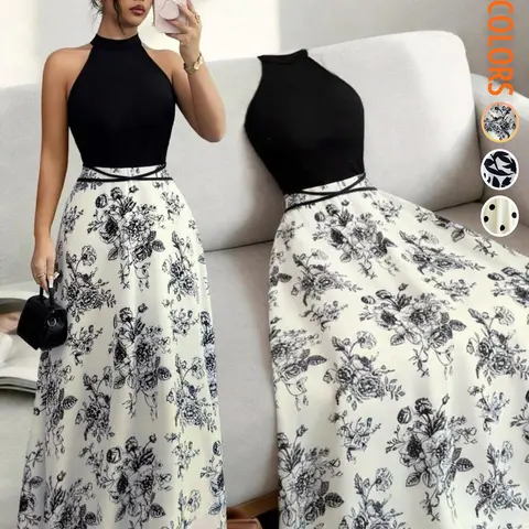 Concert Outfit Dress Women's Casual Feminine Elegant Chic Party Tank Top, Floral Print Patchwork Waist Dress, Medium-Length Sleeveless Summer, Elegant Party Apparel, Womenswear