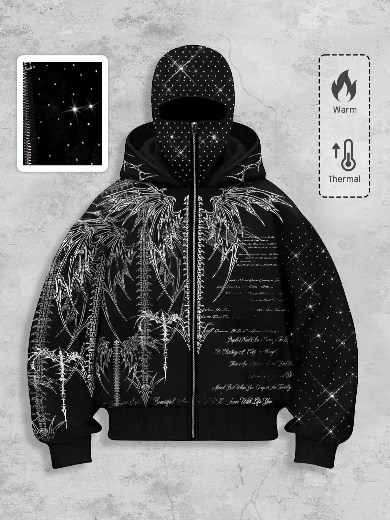 Bone spur wings skeleton all-over hot-fix rhinestone face mask hooded oversized cardigan, starry rhinestone face mask, fleece-lined warm zip-up jacket, unisex black loose short hooded casual street style, high street trendy outfit.