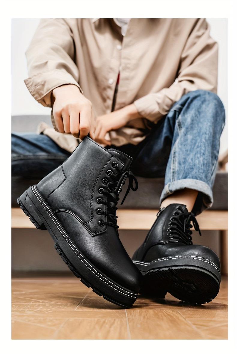 Four Seasons Fashion Trendy Men'S Black Boots Mid-Top Lace-Up Men'S Boots