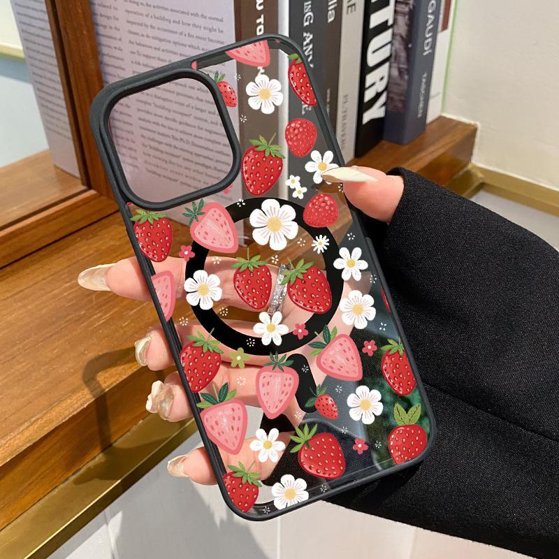 Strawberry Daisy Pattern Magnetic Phone Case Supports Wireless Charging for iPhone 17 15 16 14 Pro Max 13 12 11 XR XS Air Plus E Shockproof Non Slip Protection Silicone Transparent Acrylic Cover Cellphone Protective Smartphone Casing