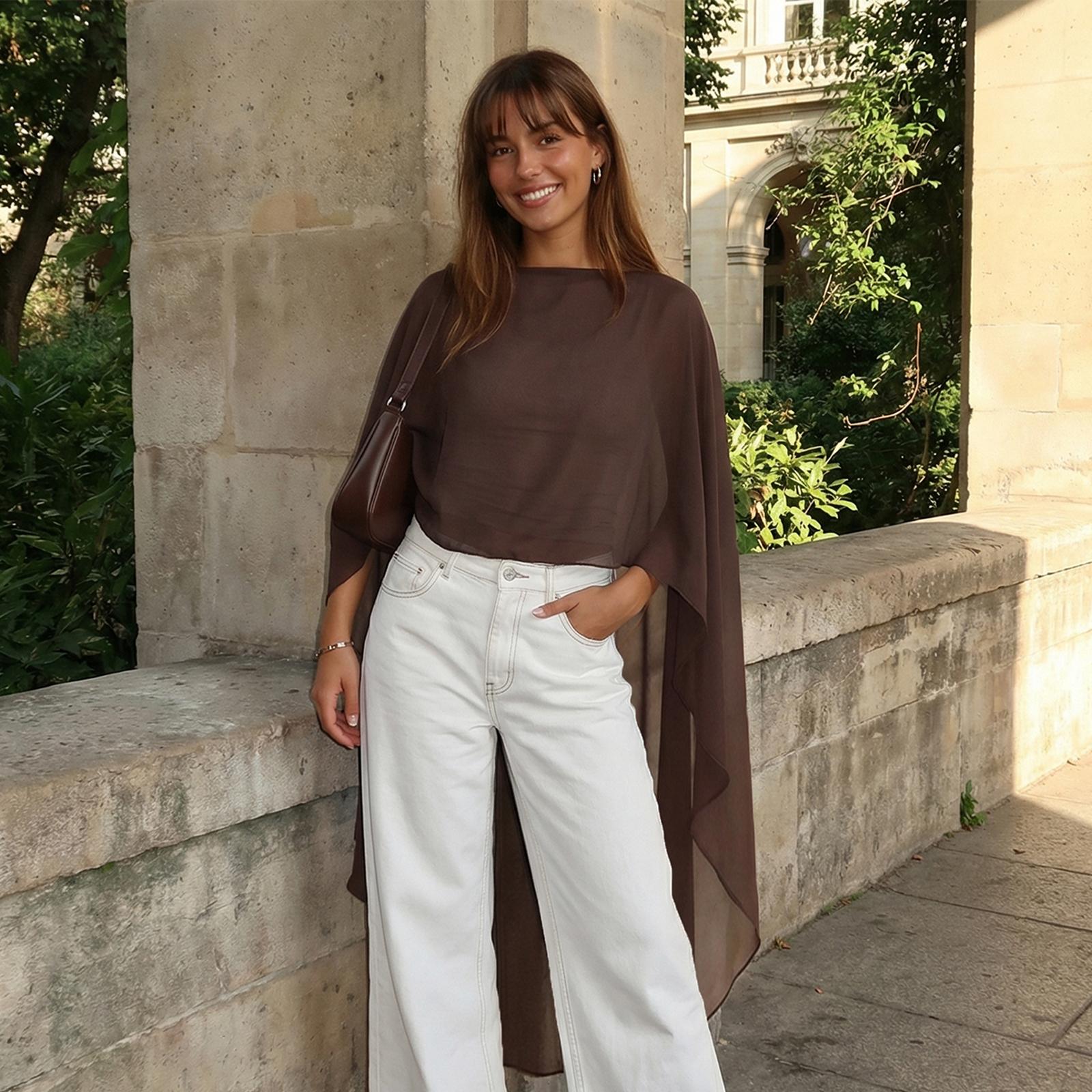 Women Chiffon Long Cape High Low Flowy Poncho Sheer Mesh Shawl See Through Boat Neck Irregular High Low Coverup Tops