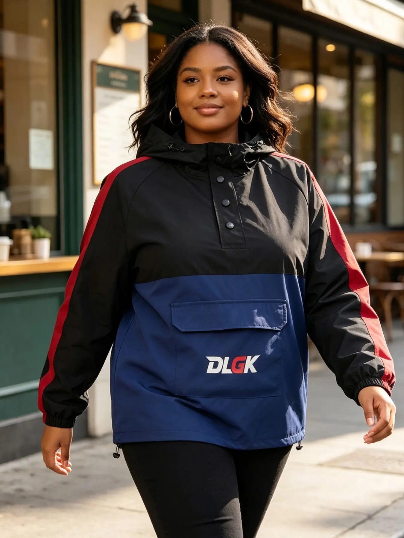 DLGK Women's Plus Size Color Block Windbreaker Jacket - Hooded Half Snap Pullover Anorak with Kangaroo Pocket, Casual Outdoor Coat for Hiking Travel Camping Commute, Spring Fall Outerwear