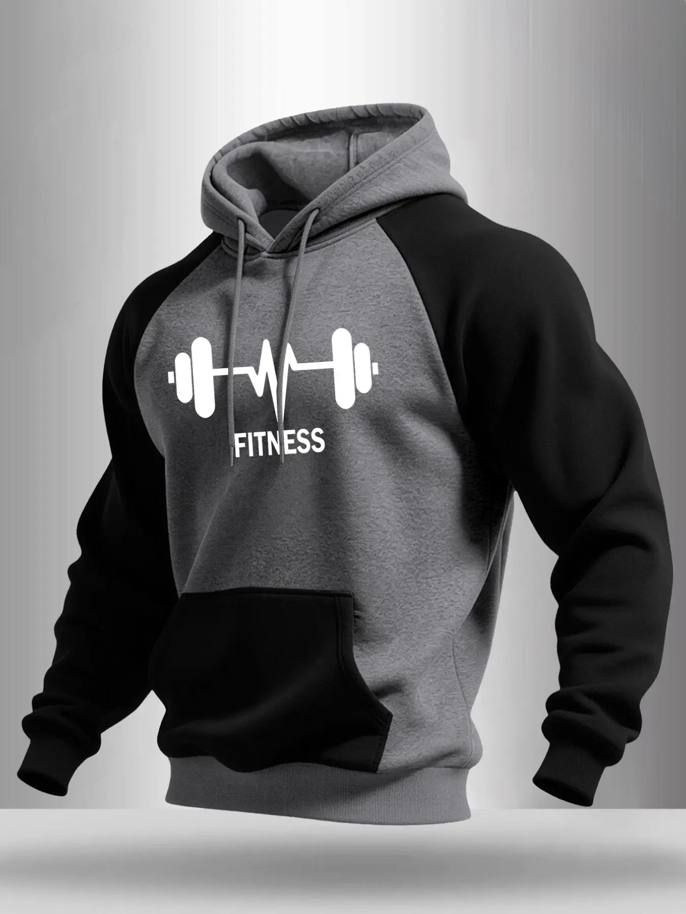 Men Raglan Sleeve Drawstring Hoodie, Dumbbell ECG Pattern With FITNESS Letter Print On Front, Kangaroo Pocket Loose Pullover Sweatshirt For Gym Workout, Running And Daily Street Outfits #FitnessHoodie #WorkoutPullover #RaglanSportHoodie