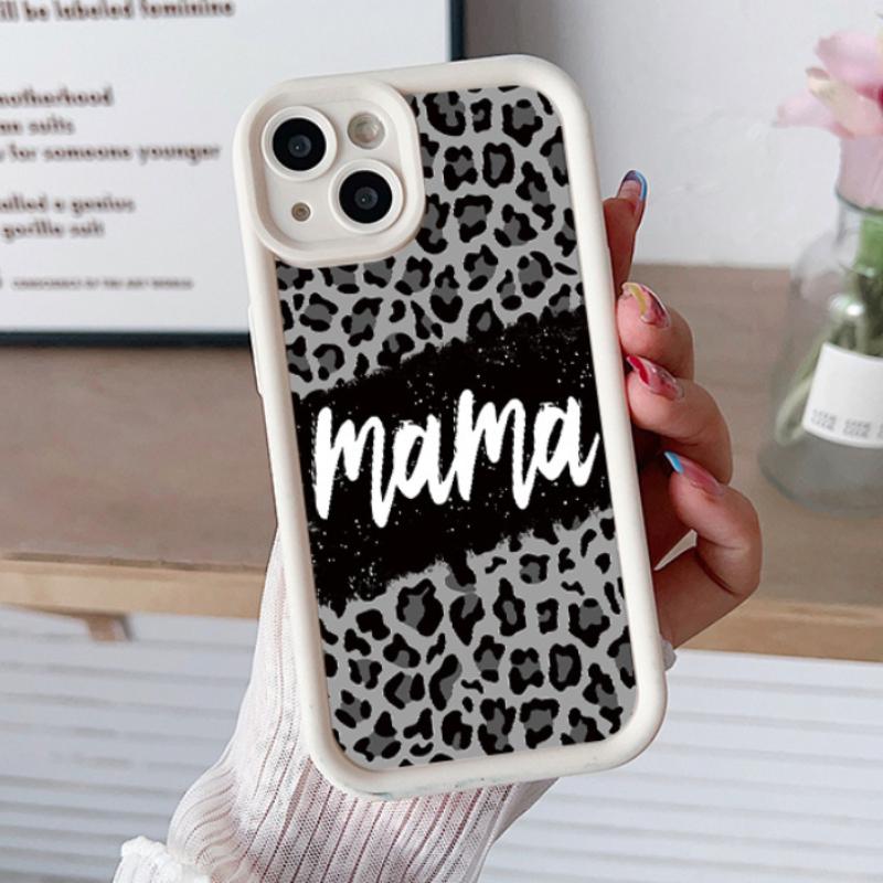 "MAMA" Leopard Print Case for iPhone 16 15 14 Pro Max 13 12 11 XR XS Plus Shockproof Drop Protection Rugged Durable Silicone Cover