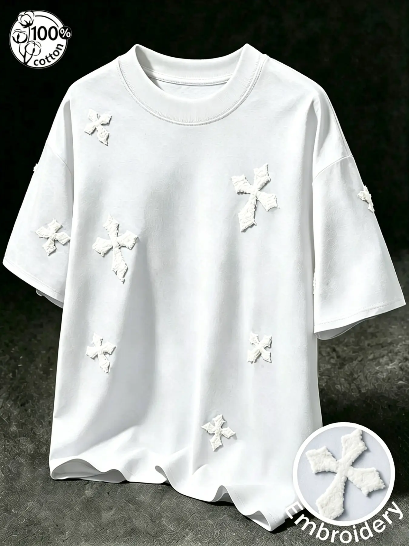 Unisex Multi-Color 100% Cotton Gothic Cross Towel Embroidery Casual Oversized Graphic Round Neck Embroidered T-Shirt | Y2K Grunge High Street American Retro Streetwear Top