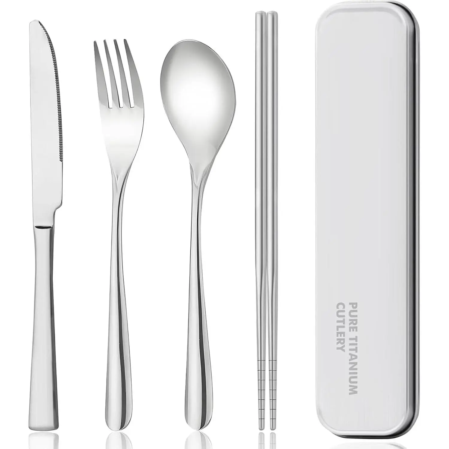 titanium tableware set, travel tableware with box, including titanium fork, , chopsticks and spoon, packed in a suitcase, portable design, suitable for school, work, picnic, camping use