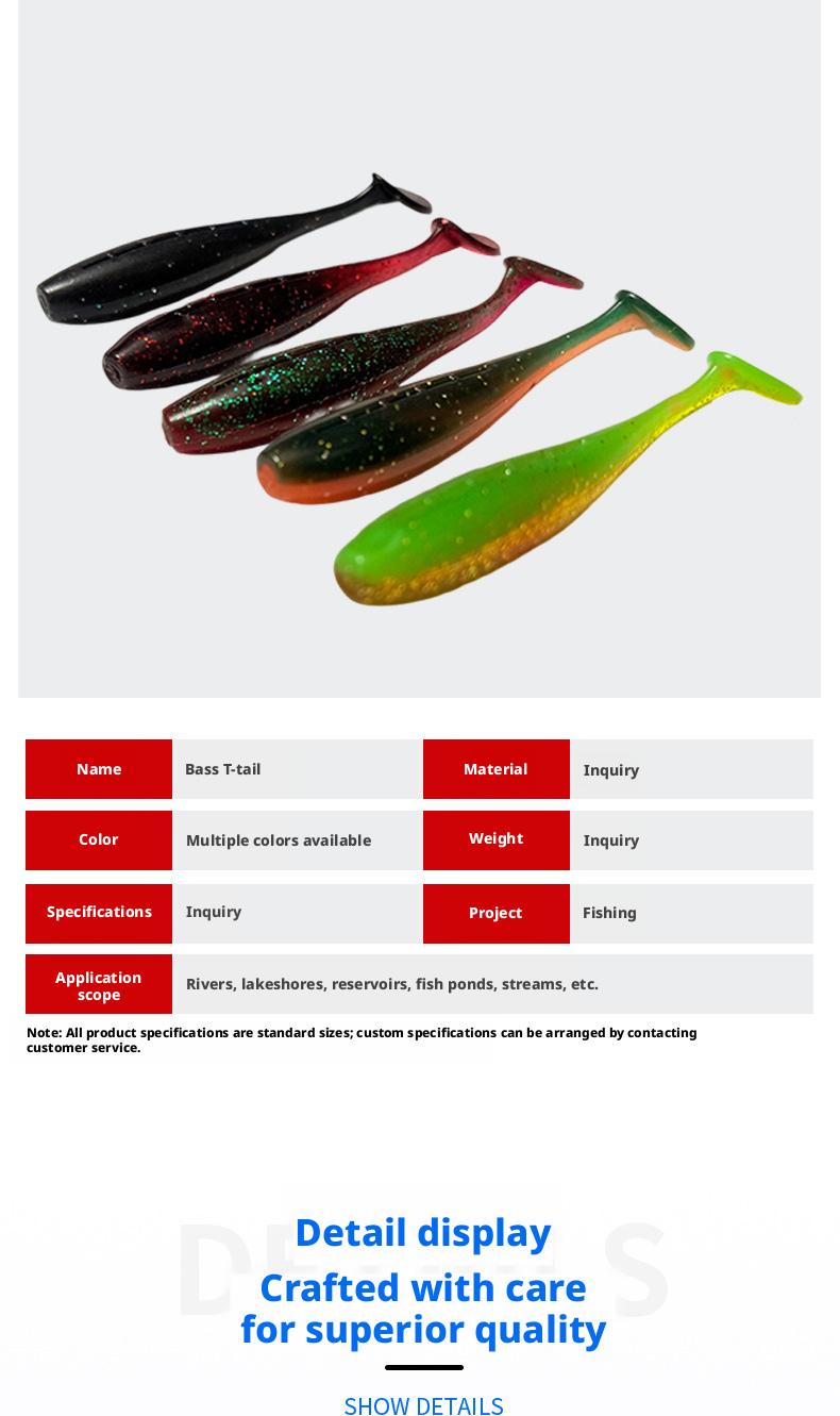 8-piece set of outdoor fishing lures, T-tail 3inch (7.6cm) soft bait, smooth surface, fine fishing gear