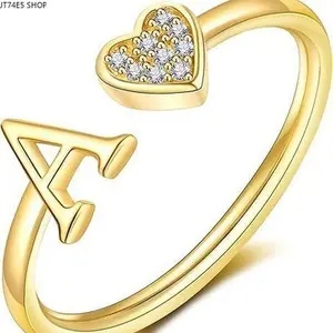 Trendy European & American 26 Initial Letter Open Ring, Minimal Zircon Inlaid Adjustable Love Finger Ring