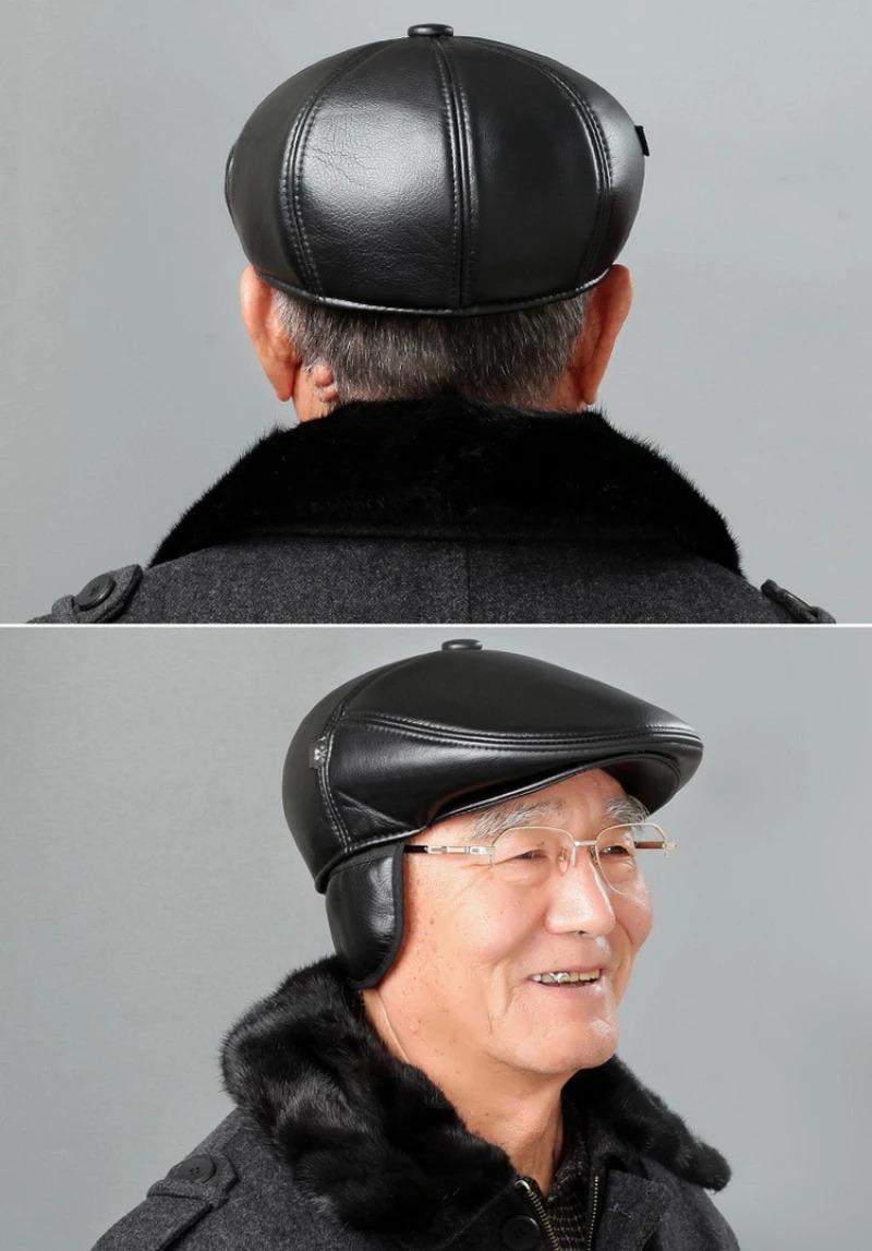 HT2059 High Quality Leather Beret Cap Men Autumn Winter Hats for Men Elder Man Warm Dad Hats with Earflap Flat  Cap Beret