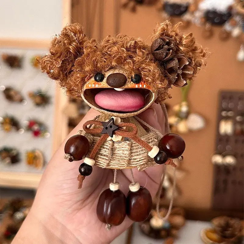 Handmade Natural Fruit Shell Doll Ornament - Vintage Solid Wood Nut Doll Pendant, Bohemian Cute Accessory, Magnetic Desk Goose Outfit Set (For Car Hanger, Backpack)