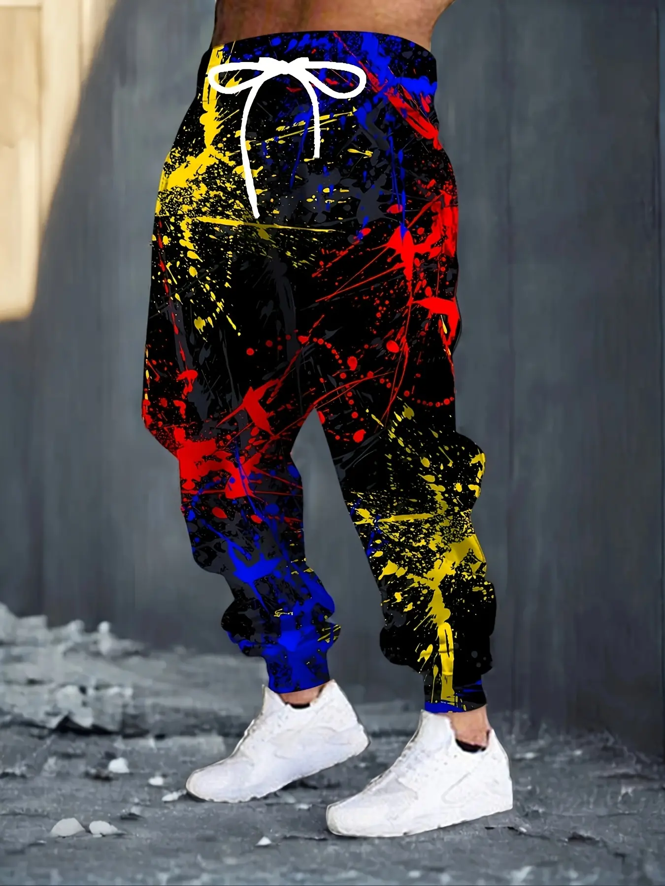 Men'S Fashionable 3D Colorful Ink Splatter Print Sweatpants With Drawstring And Pockets, Stylish Long Pants For  And , Casual And Comfortable