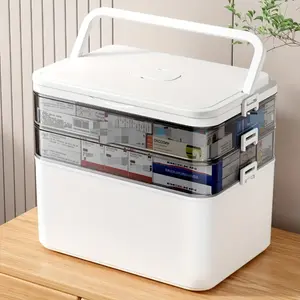Multi-tiered medicine storage box - portable family emergency organization box, with snap closure, made of durable plastic material, rectangular