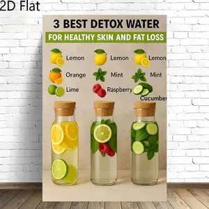 2D graphic design, 1 detox water recipe infographic--Lemon, Lime, Mint, Cucumber, Raspberry and Ginger Purification Guide, suitable for home, office, gym, spa