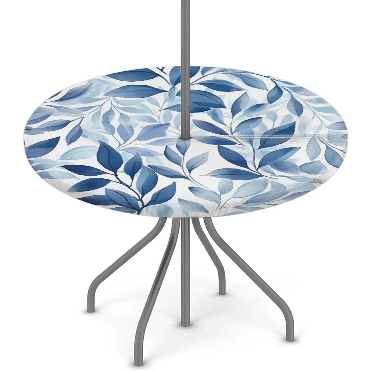 Outdoor Tablecloth with Umbrella Hole and Hidden Zipper,Blue Leaves Pattern Fitted Round Tablecloth with Elastic, Waterproof Polyester for Patio Picnic, Fits 45-56in Tables