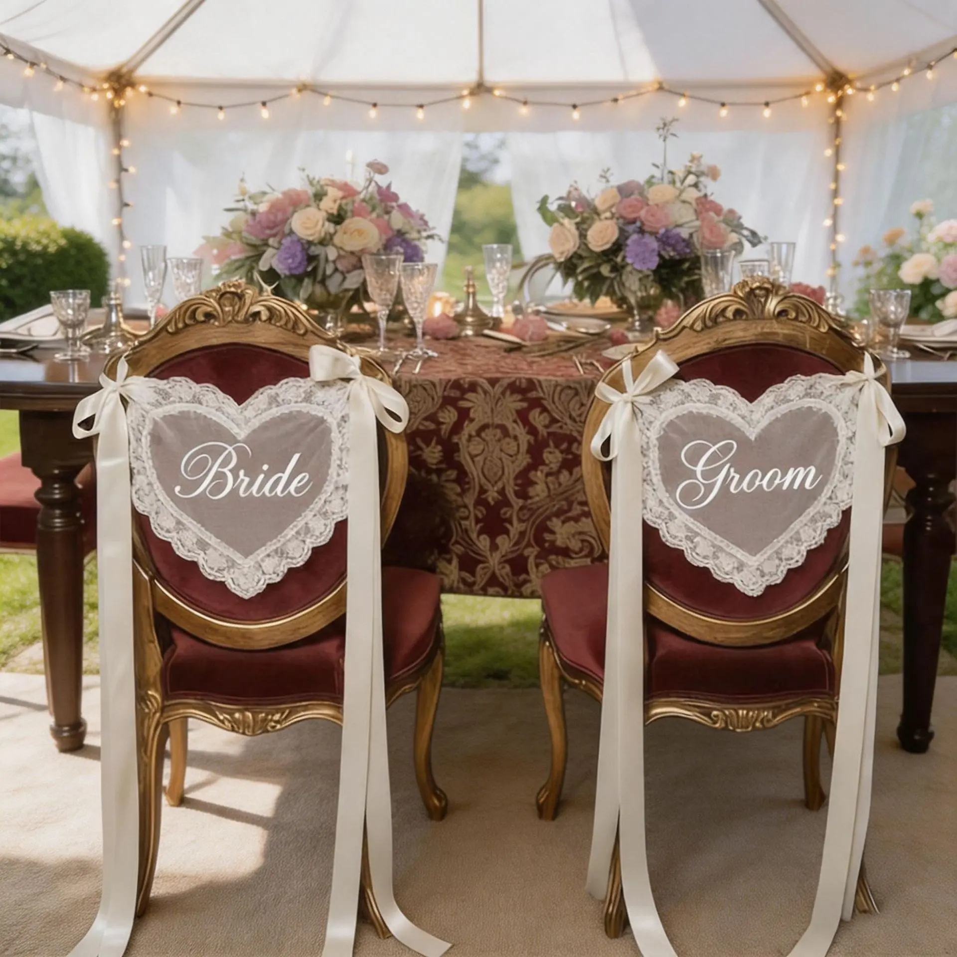 Set of 2 Heart Wedding Chair Decorations, Lace Transparent Chair Back Ornaments, Just Married Chair Signs with Ribbon, Bride & Groom Chair Banners, Romantic Back Decor for Wedding Reception Sweetheart Table Chairs, Party Decoration Supplies