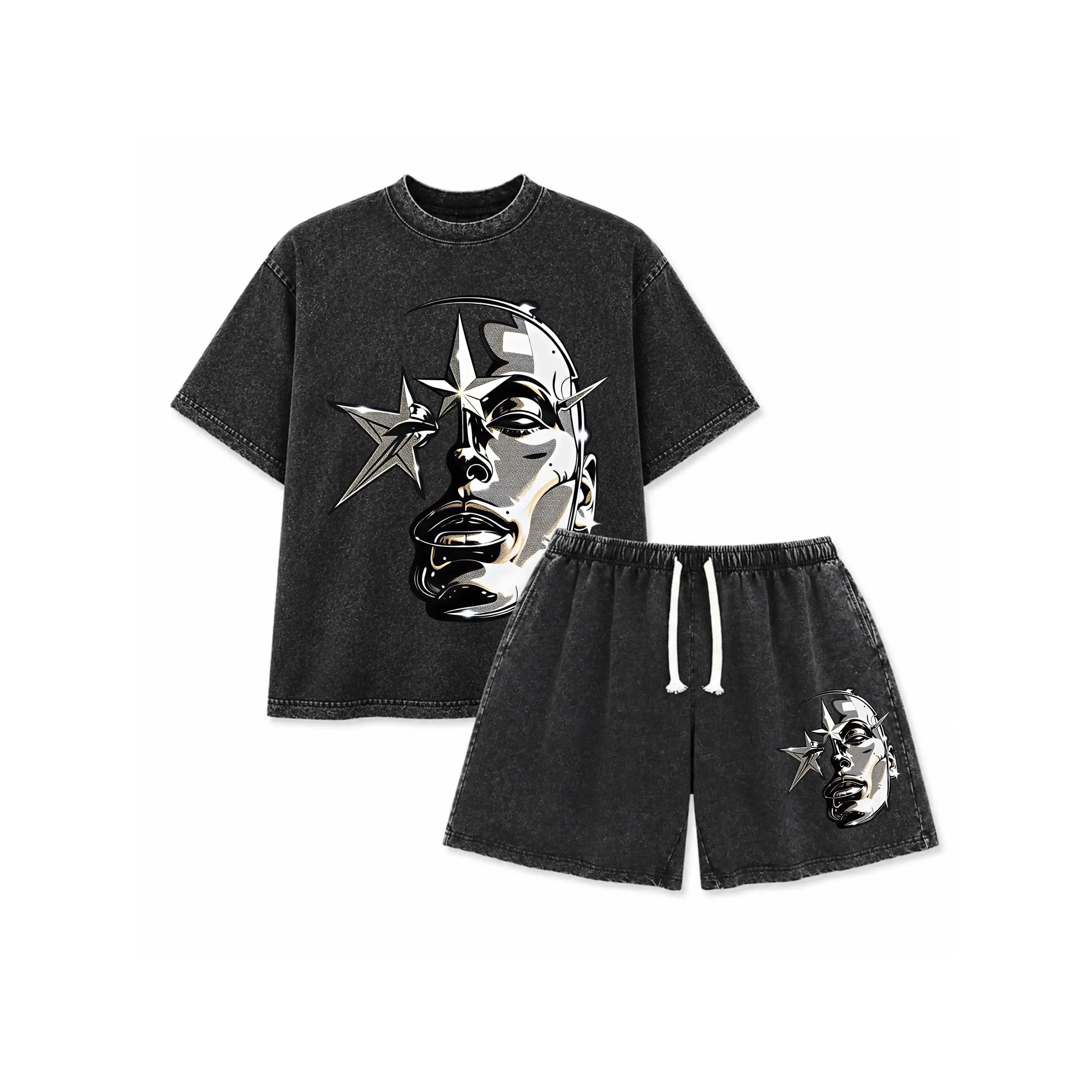 Manfinity EMRG Men's Summer Casual Short-Sleeve Round-Neck T-Shirt with Star & Character Graphic Print, for Going Out