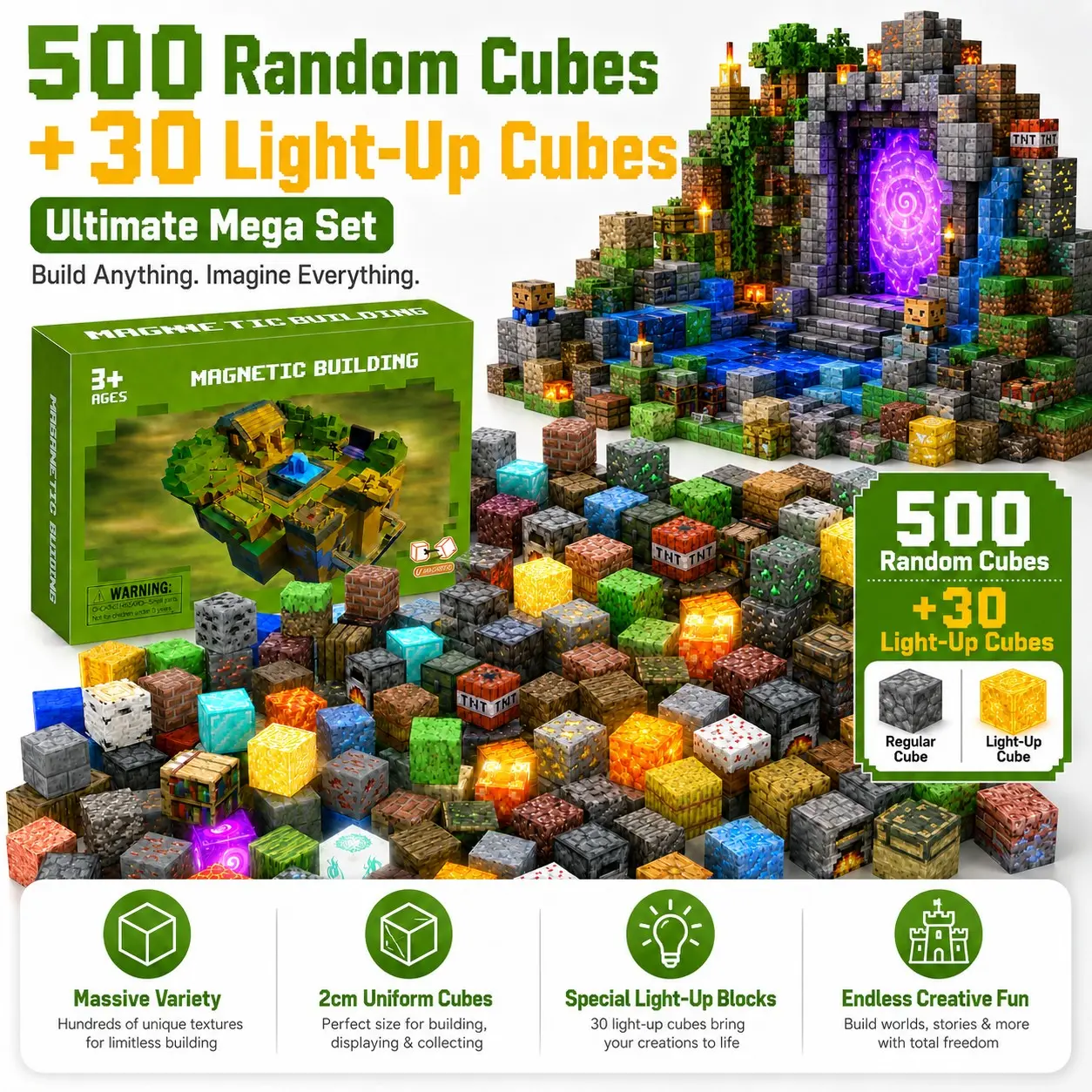 New Large Glowing Magnetic Building Blocks Set, Night Light, Bright LED, Random Pixel Blocks, Kids Stem Toy, Educational Puzzle Kit