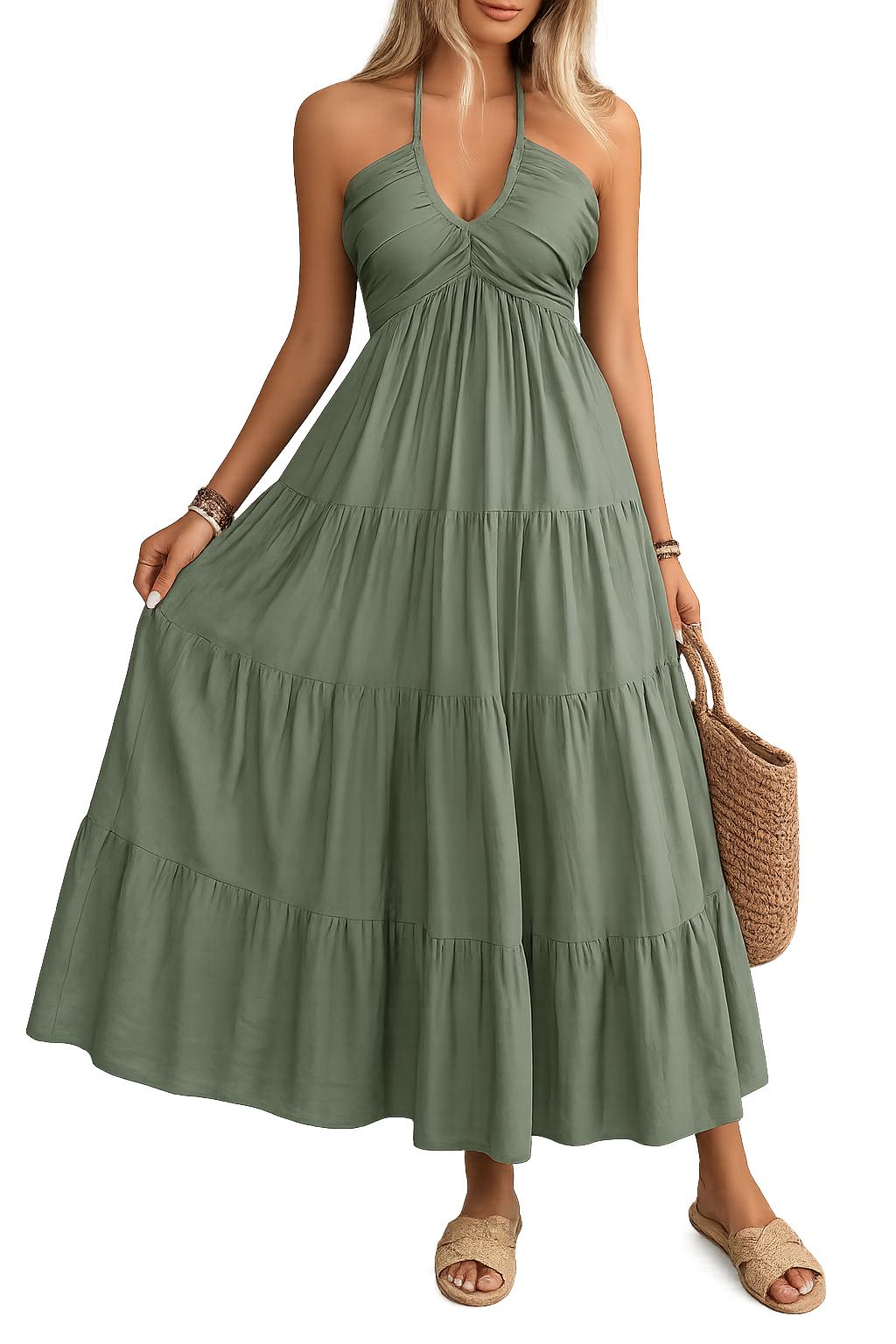 2026 Spring-Summer Solid Color Halter Beachwear Loose Long Dress Fashion Backless Pleated Dress