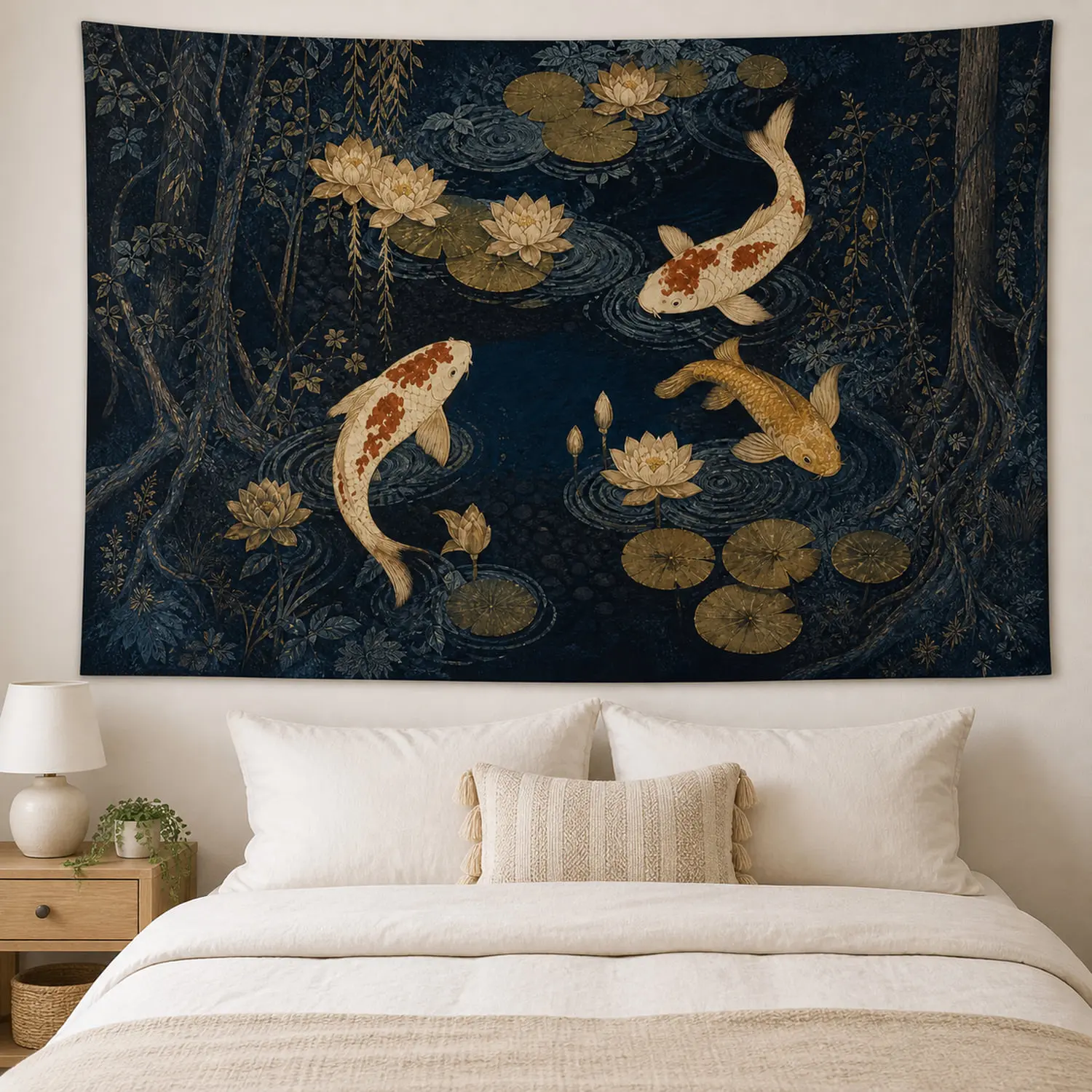 3 Koi in a Lotus Pond Wall Tapestry, Dark Blue Antique Nature Home Decor for Bedroom, Living Room - Lightweight