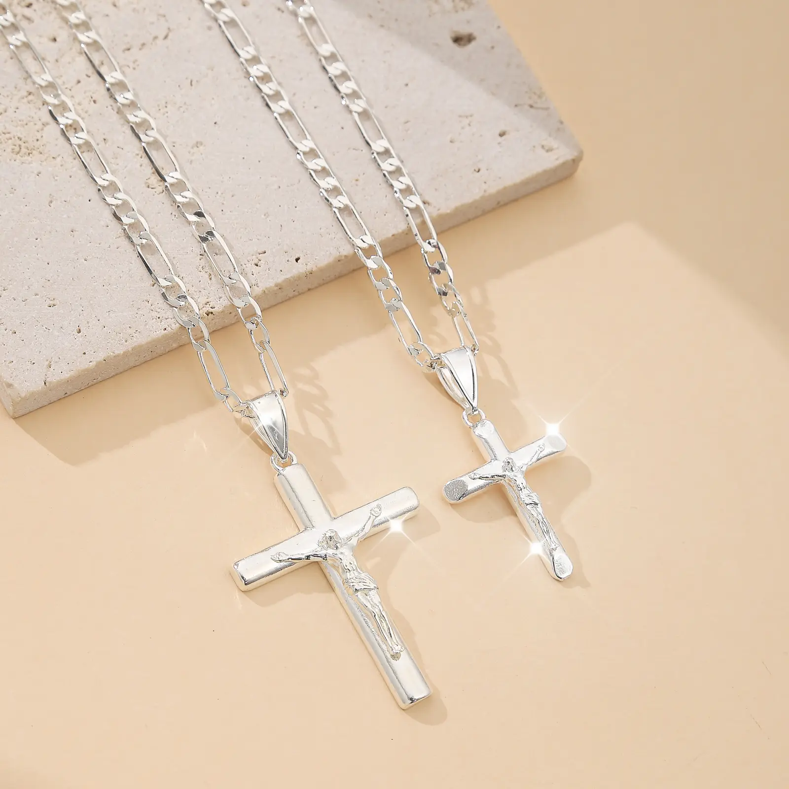 Silver Plated Jesus Cross Charm, Classic Figaro Link Necklace, Exclusive Design, Lightweight Tarnish Free, Devout Faith Protection Amulet, Perfect Meaningful Gift
