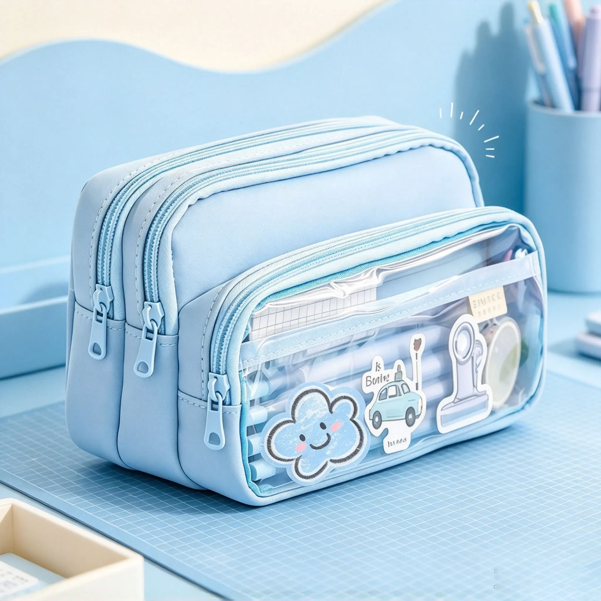 Transparent 3-Layer Large Capacity Pencil Case for Students, Oxford Fabric, Unisex, Perfect Back-To-School Gift, School Supplies Organizer