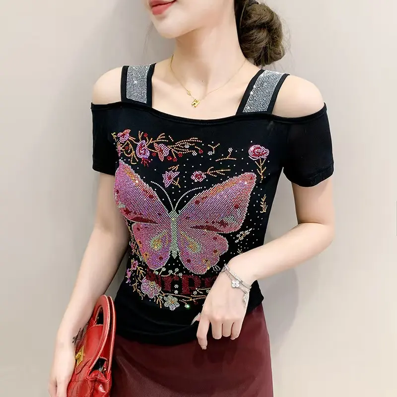 Women's Elegant Off-Shoulder Butterfly Sequin T-Shirt  Slim Fit, Short Sleeve, Vibrant Floral Butterfly Design, Sparkling Shoulder Straps, Perfect for Spring/Summer/Fall Fashion, Tshirt Womenswear women's tops Shortsleeve Skinny cute summer outfit