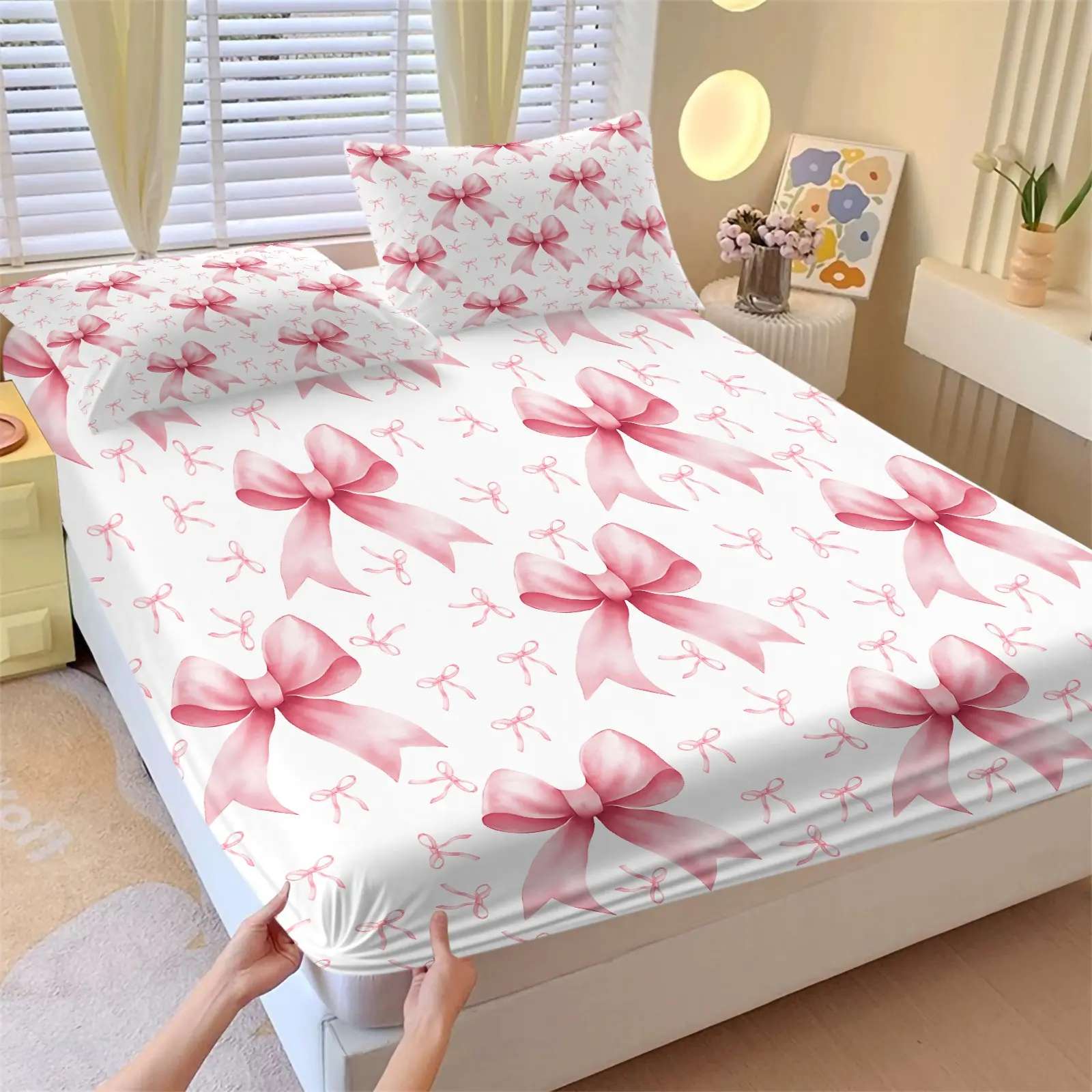 3-Piece Sweet Pink Bow Fitted Sheet Set, 1 Fitted Sheet + 2 Pillowcases, Soft Breathable Deep Pocket Design, Brushed Microfiber Bedding Sheets, Coquette Girly Aesthetic Soft Microfiber Bedding, Gift for Teen Girls & Coquette Aesthetic Fans