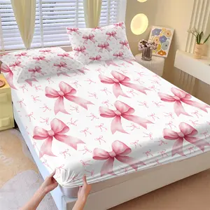 3-Piece Sweet Pink Bow Fitted Sheet Set, 1 Fitted Sheet + 2 Pillowcases, Soft Breathable Deep Pocket Design, Coquette Girly Aesthetic Soft Microfiber Bedding, Gift for Teen Girls & Coquette Aesthetic Fans
