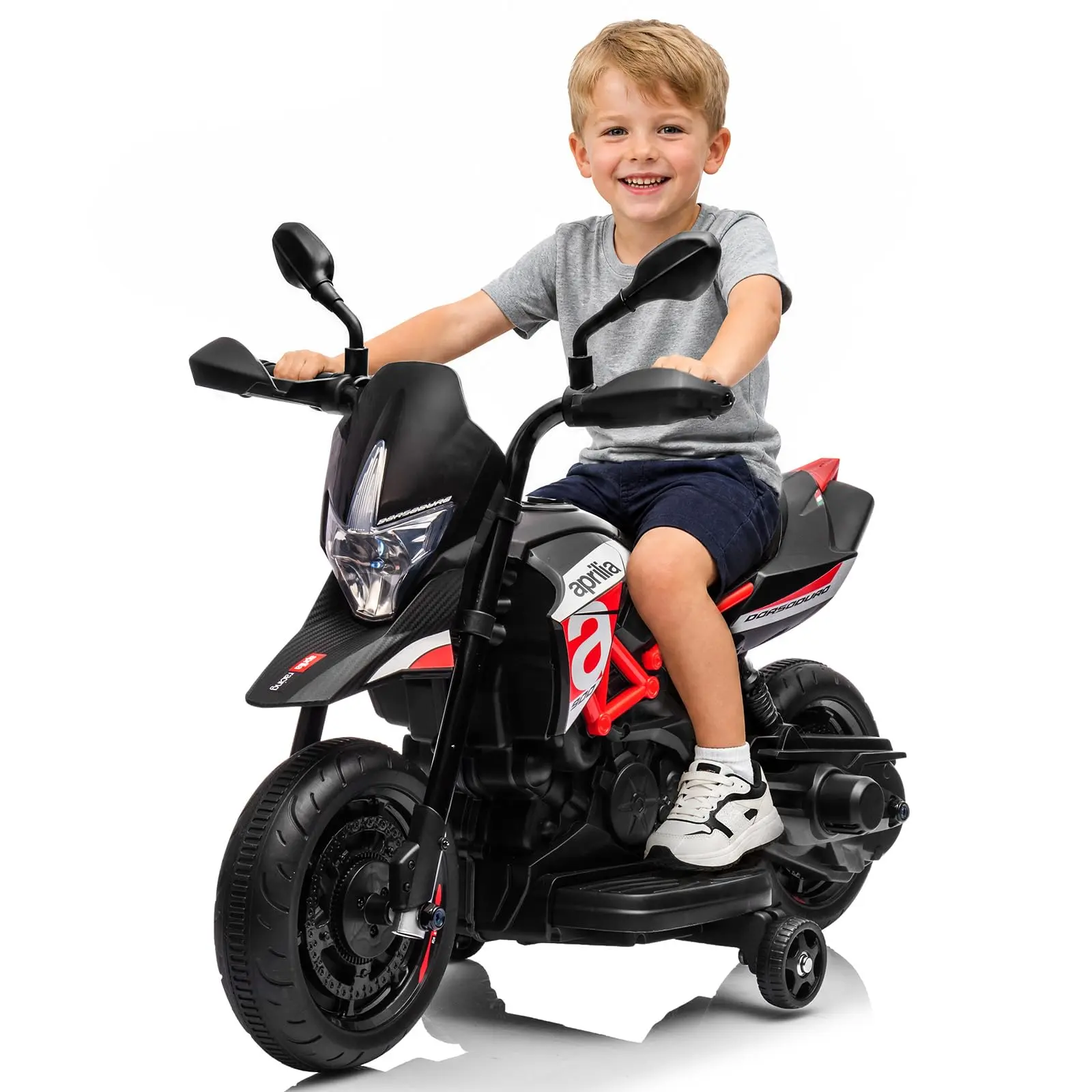 6V Kid Electric Motorcycle, Dirt Bike Style Ride on w/Training Wheel, Black Off-Road Styling, Handlebar Button Control, 1.5 MPH Max Speed, Removable Training Wheels, Front Spring Suspension