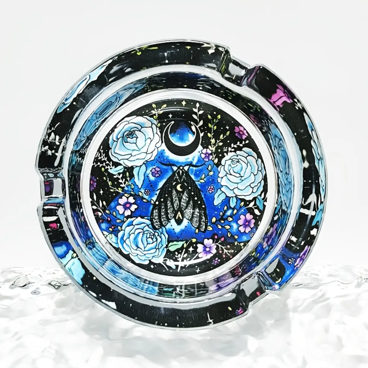 1 beautiful glass ashtray with circular design adorned with flowers, moths, and moon patterns, suitable for office, living room, and hotel decoration - perfect for Halloween and birthday gifts, elegant home decor | Glossy ashtray,