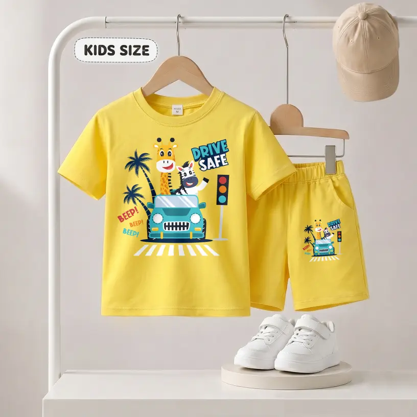 Boys' Giraffe Zebra Car Graphic 2-Piece Outfit - Breathable Soft Short Sleeve Crew Neck T-Shirt & Elastic Waist Shorts, Children’s Size Summer Casual Activewear for Kids Outdoor Play, Daily Wear, Graphic Print, T-Shirt Shorts