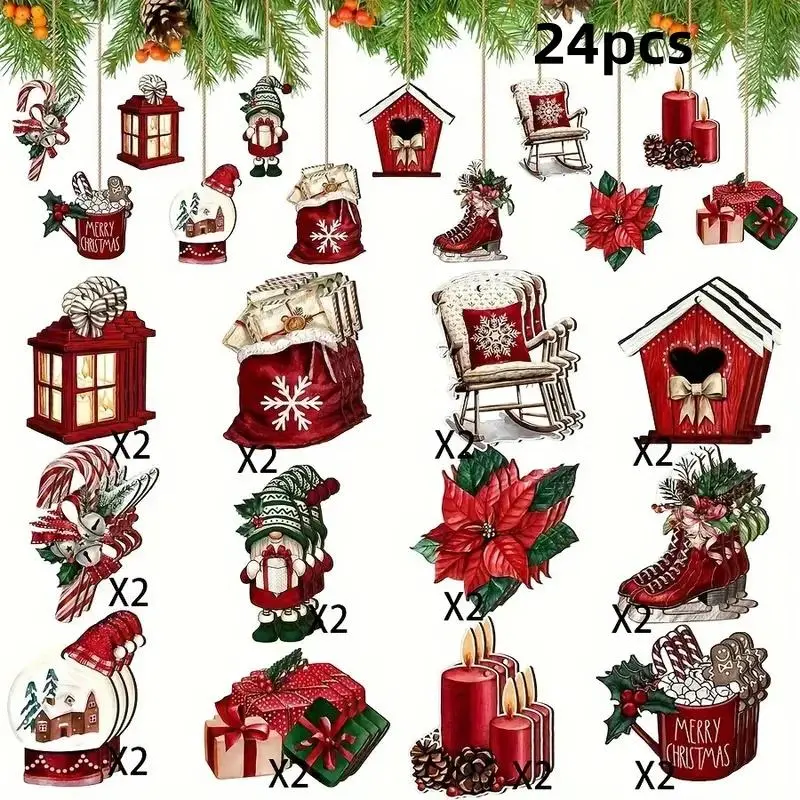 Christmas Tree Ornament Set, 24pcs/set Wooden Pendant, Holiday Party Decoration Supplies for Home Party, Festive & Party Supplies