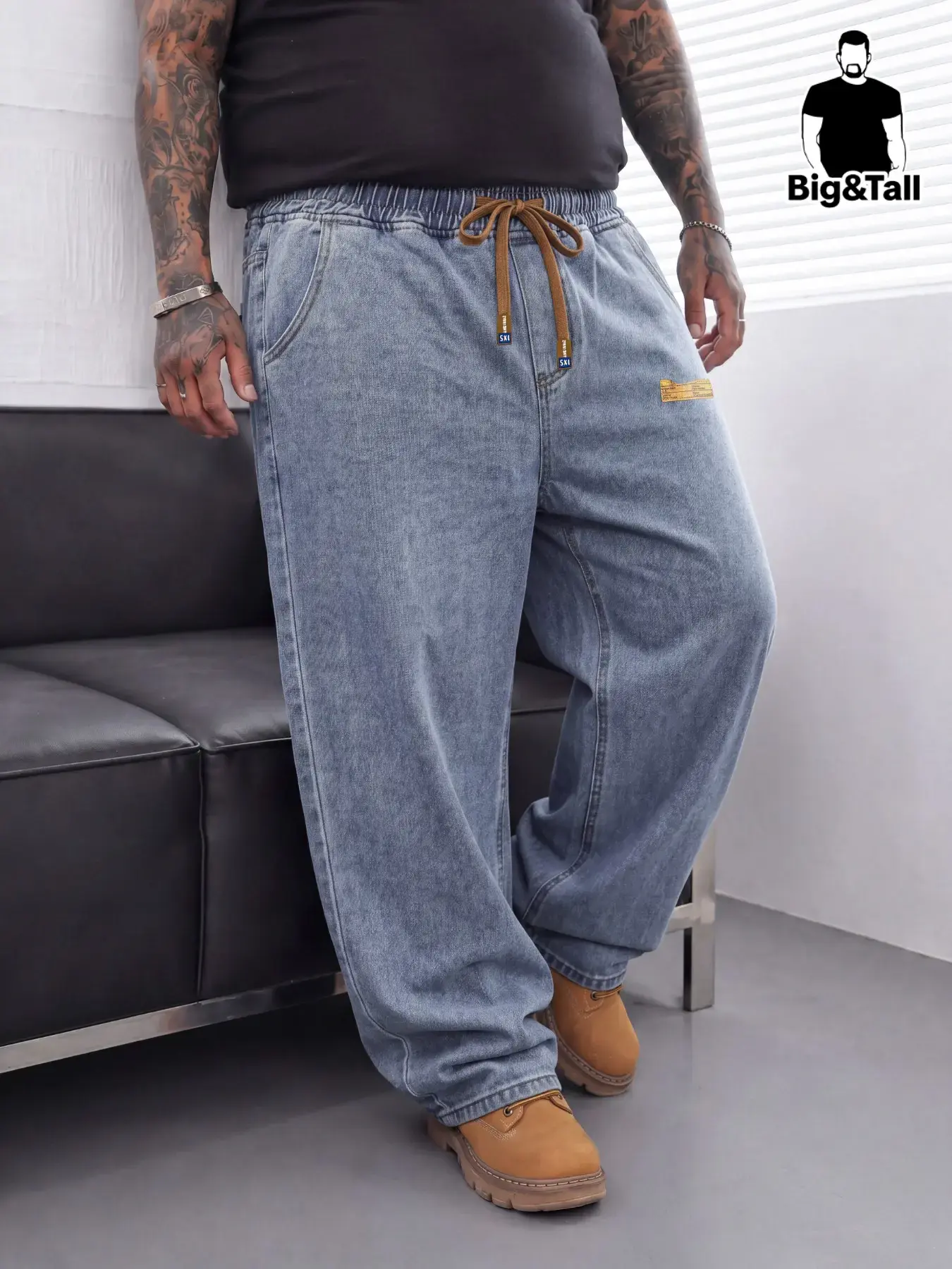 Men's Plus Size Wide Leg Jeans with Elastic Waist, Casual Denim, Jean Pants Bottoms, 3 Colors: Dark Blue, Black, Stretchy & Comfortable Baggy Fit Denim Pants for Tall Big Men, Ideal for Daily Casual Looks and Loungewear, Year-Round Wear