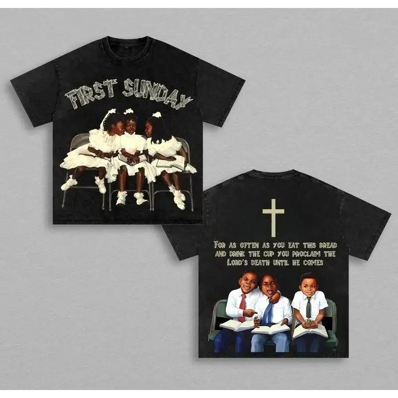 Men's Vintage Graphic T-Shirt - Oversized Washed Cotton Round Neck Tee with Distressed "First Sunday" Christian Design, Festive Good Graphic Tees for Everyday Wear, Graphic Shirts