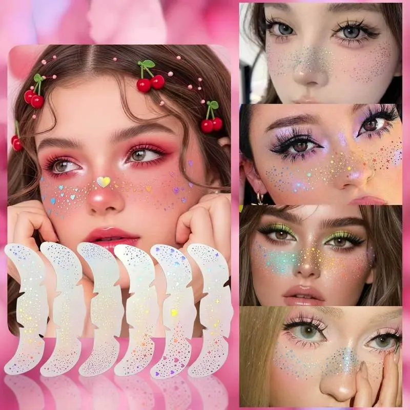 6 Sheets Glitter Freckles Holographic Stickers, Heart Freckle Tattoos, Glitter Stickers, Waterproof Temporary Fake Tattoos with Glittery Star Heart Dot Pattern, Freckle Spot Tattoo for Adults, Accessories for Party Festival Daily Makeup