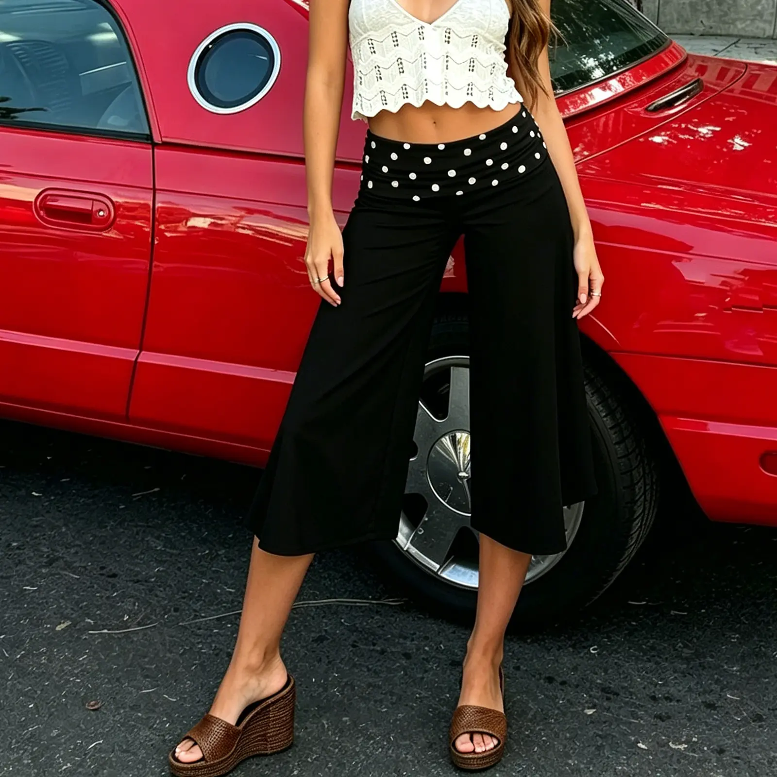 Women's Polka Dot Waistband Capri Pants, High Waist Wide Leg Cropped Culottes, Y2K Casual Flowy Mid Calf Trousers