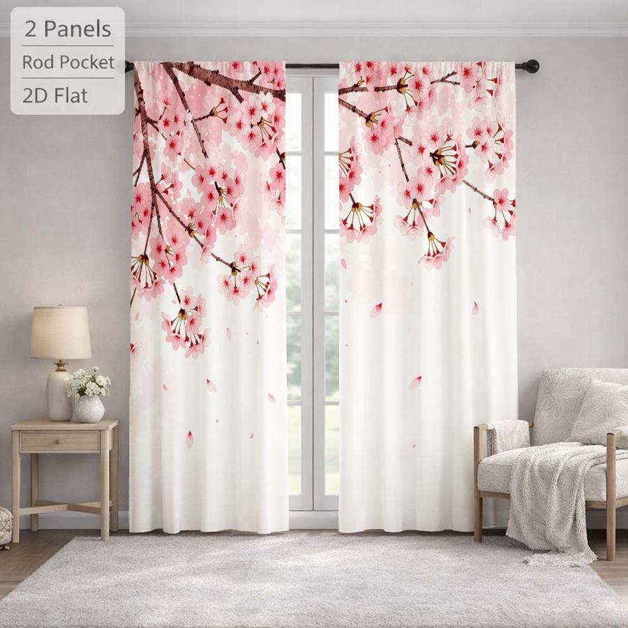 2Pcs Japanese Style Cherry Blossom Pink Floral Sun Blocking Curtains Digital Printed Rod Pocket, Window Treatment For Bedroom Office Kitchen Living Room Study Home Decor
