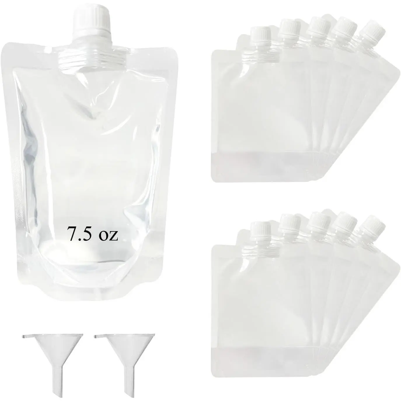 10 count Juice Plastic Bags,  Fruit Puree Pouch, Leakproof Squeeze Pouches Clear Juice Bags,  grade plastic liquid containers suitable for outdoor hiking and camping, with Funnel(7.5 oz)
