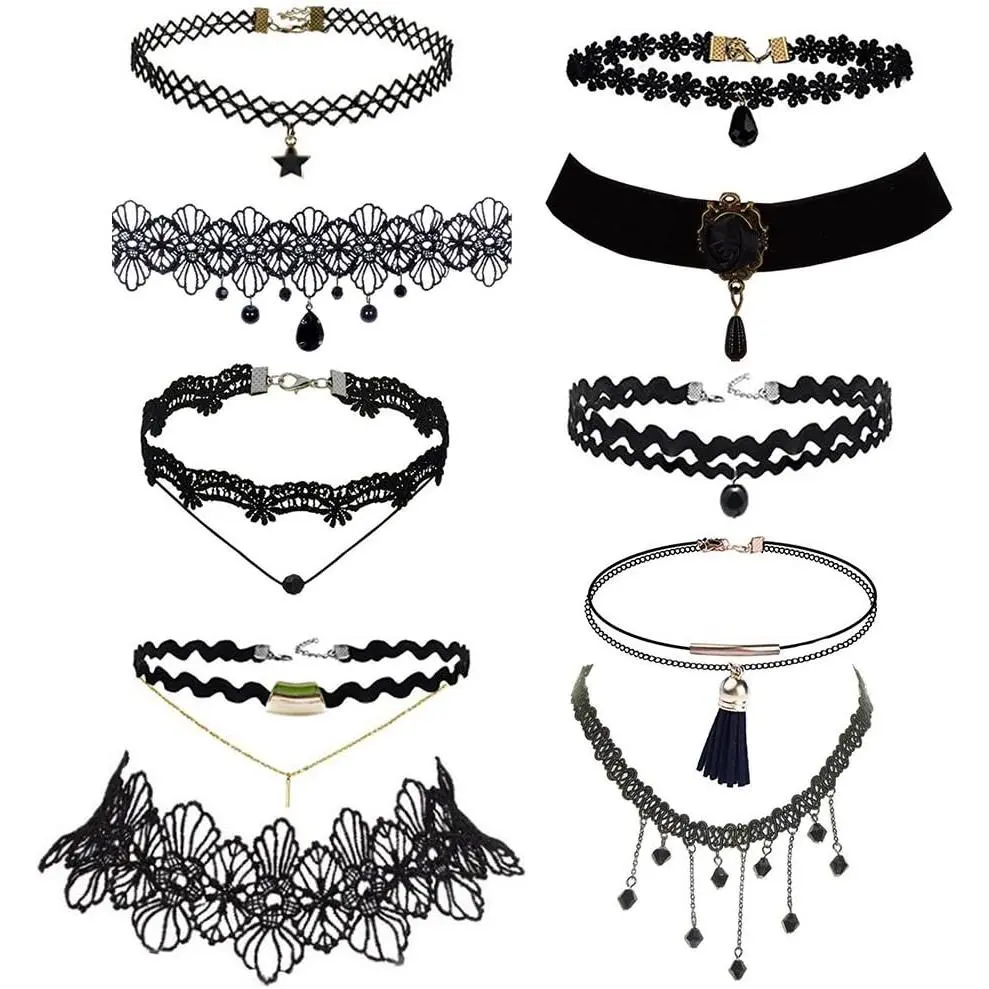 10 count Lace Choker Necklace for Women Girls, Black Classic  Stretch Punk Gothic  Lace
