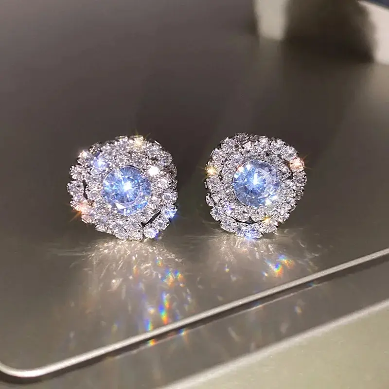 Sparkling Full Pave Rose Flower Stud Earrings For Women Elegant Floral Ear Jewelry