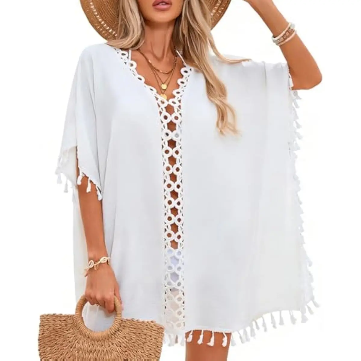 Women's Sun-Protective Swimsuit Coverup - Resort Wear, Beach Style, Loose Wrap, Sheer Fabric, Tassel Hook Flower Design, Multiple Colors Vacation Cardigan, Beach Cover Ups, Cardigan Style, Light As The Wind, Romantic Cardigan
