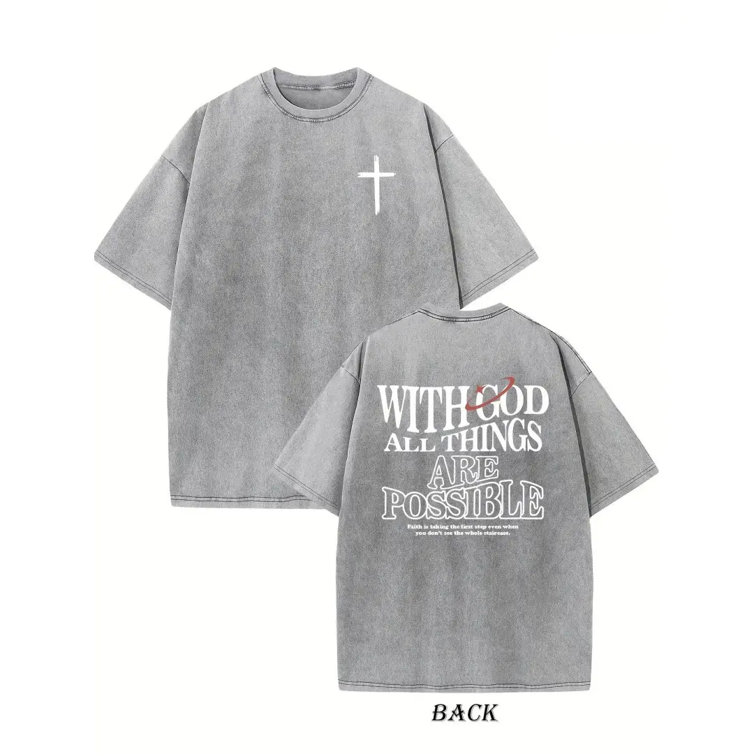 Men's Heavyweight 230gsm Cotton T-Shirt, Vintage Washed Christian Graphic with Dual-Sided Cross Print, Loose Fit Short Sleeve Hip Hop Streetwear, Mens Clothing, Christian Clothing