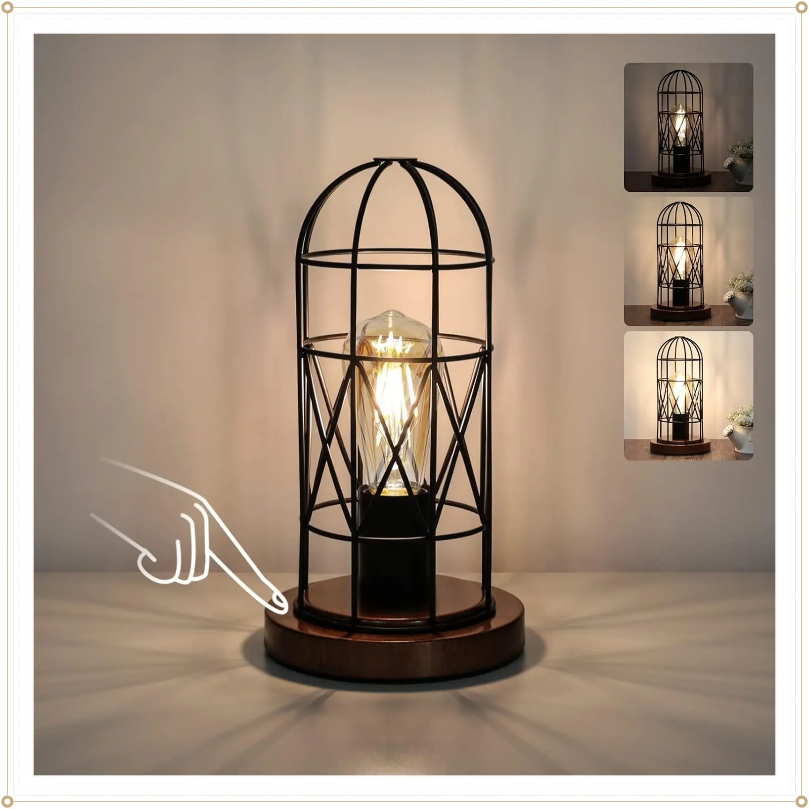 Touch Control Table Lamp, 3 Way Dimmable Industrial Bedside Nightstand Lamp, Vintage Black Metal Cage Desk Lamp, Steampunk Table Lamps for Bedroom Living Room Kitchen (Bulb Included)Gift