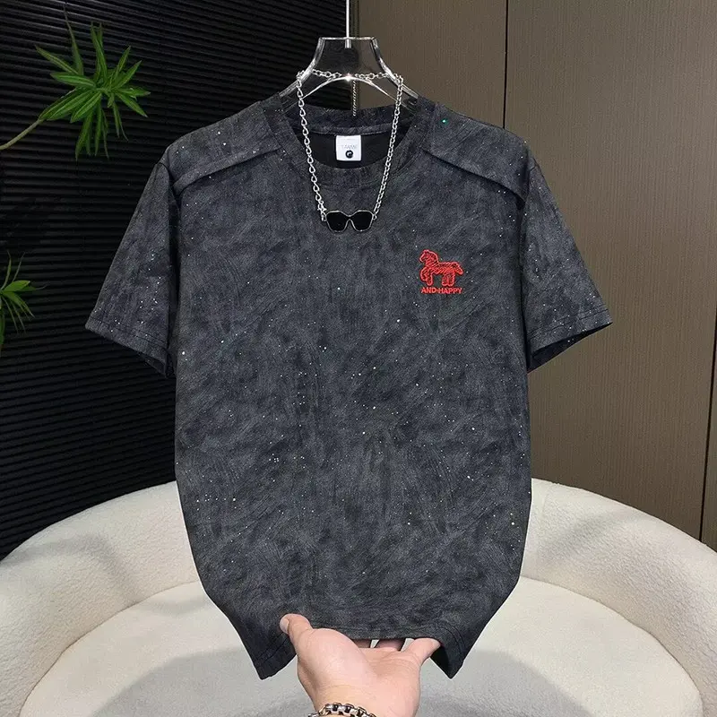 Menswear Cotton/Poly Street Chic Short-Sleeve T-Shirt - 2026 Summer Korean Style, Tie-Dye, Round Neck, Little Horse Embroidery, All Seasons Casual Top for Men