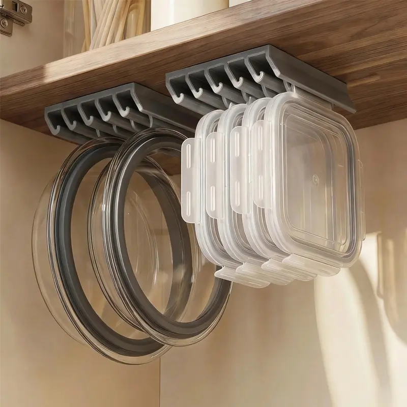 Kitchen Food Container Lid Holder Cabinet Space Saving Organizer Rack Plastic Shelf Hanger Bracket Wall Multi-Slot Sturdy Hook